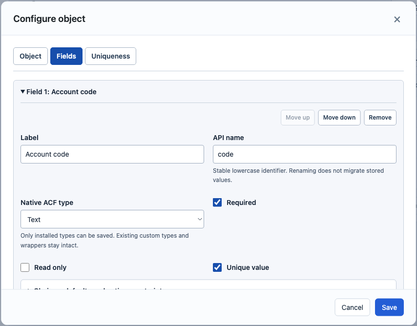 Validated Field object designer showing an Account code field with a native ACF text input, required, read-only and unique-value settings.