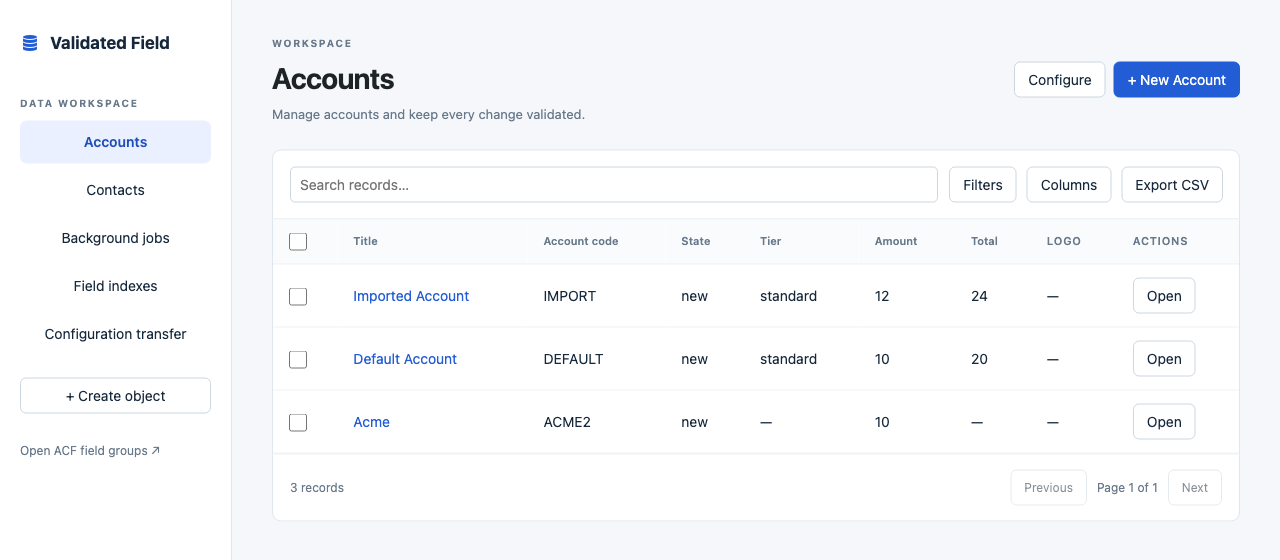 Validated Field Accounts workspace with object navigation, record search, filters, columns, CSV export and sample account records.
